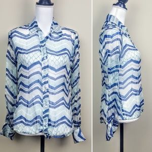 LUCKY BRAND Button Down Top, Blue Zig-Zag Boho, S